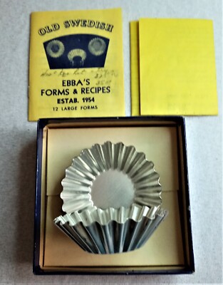 OLD SWEDISH Ebba's Forms & Recipes 12 Aluminum Sandbakelse Tins Est 1954 Baking