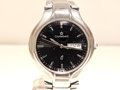 RETRO ELEGANT BLACK DIAL ST.STEEL 36mm SWISS QUARTZ MEN'S WATCH ''CORTEBERT'' Q