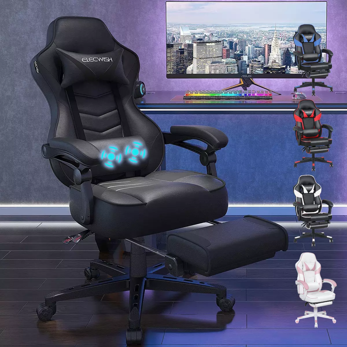 Ergonomic Gaming Chair with Massage Footrest Headrest