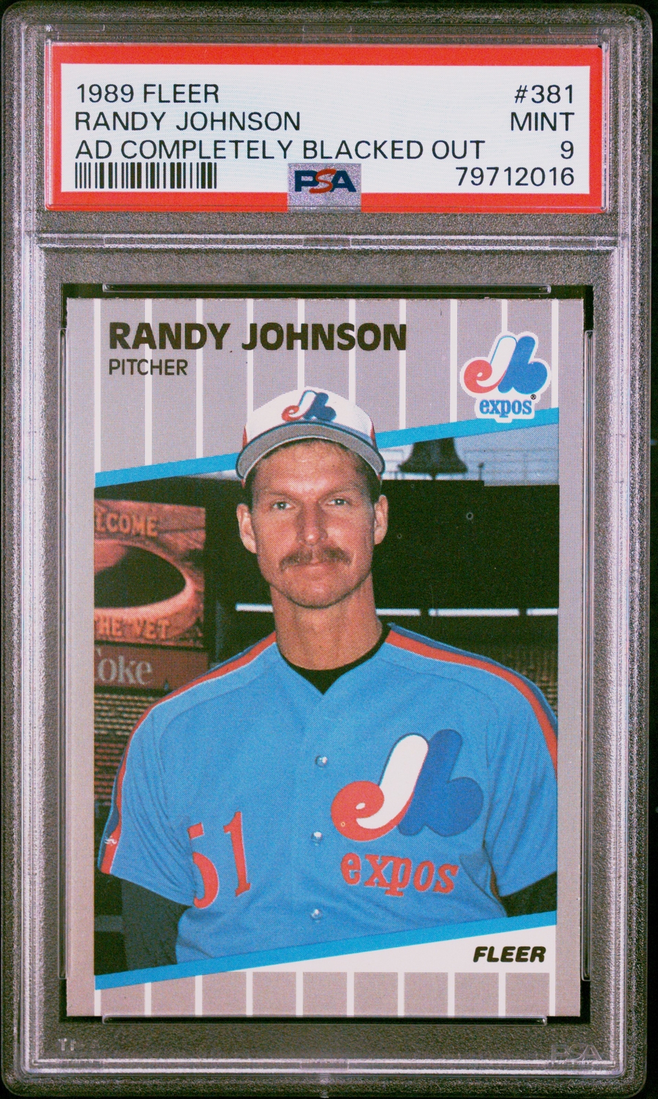 1989 FLEER AD COMPLETELY BLACKED OUT #381 RANDY JOHNSON ROOKIE RC PSA 9