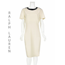 RALPH LAUREN Black Label Ivory Wool Shift Dress w Black Patent Trim SIZE 12-14