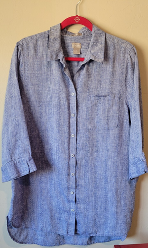 Chicos Size 16 18 XL Blue No Iron Button Front Linen 3/4 Sleeve Tunic Top