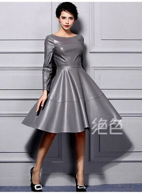 Damen Grau Kleid Echtleder Weiches Lammleder Slim Fit Freizeit Kleidung