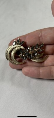 Vintage Signed BSK Silver Metal Smoky Rhinestone Brooch Pin