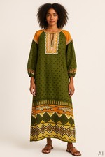 Farm Rio Green Boho Kaftan Dress XS Oversized Linen Tunic Tribal Amazon Print