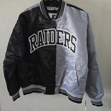 Oakland Raiders Starter Jacket Men s Medium Silver Black Front/Back Design Logo