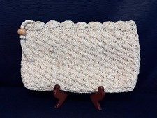 Vintage Beige Crochet Clutch Purse with Wood Ball Pull - 7 x 11 Inch - Japan
