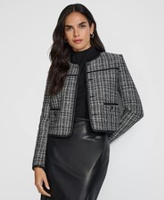 Calvin Klein Blazer Coat Size 10 Petite Black White Tweed Faux Leather Trim