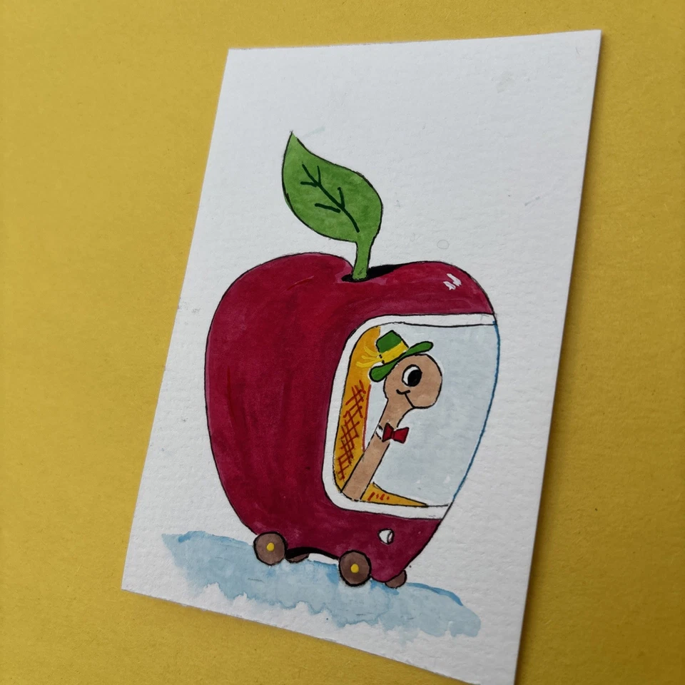 Original Art ACEO ATC Miniature Watercolor Lowly the Worm Richard Scarry  - Image 3 of 4