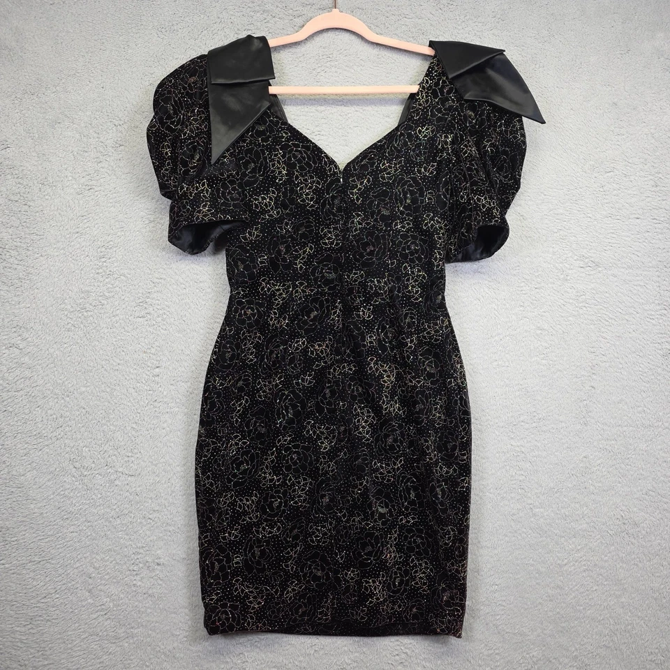 Vintage Scarlett Nite Dress Women 8/10 Black Whimsigoth Velour 80s Glam Cocktail - Image 3 of 4