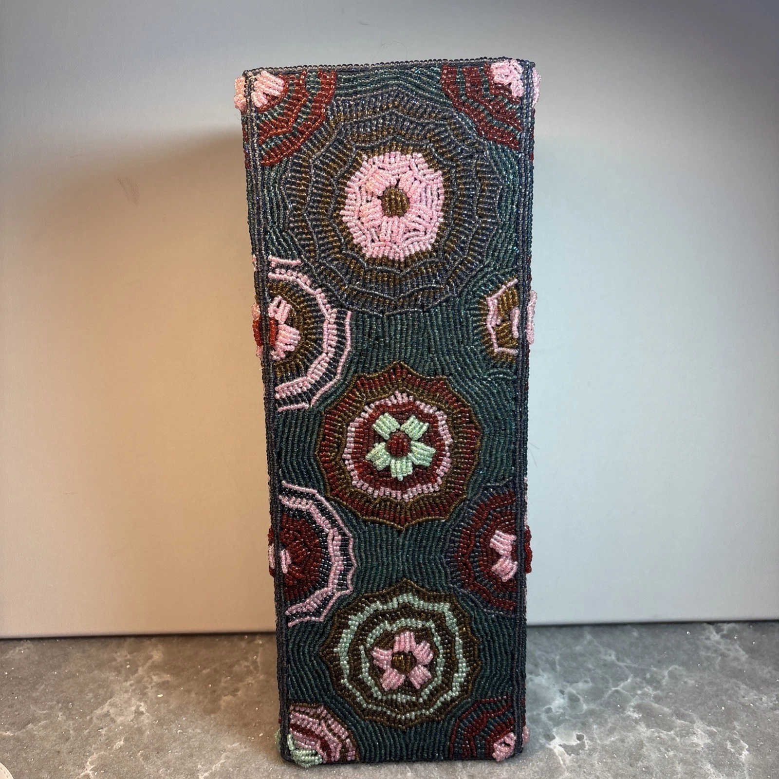 Fully Beaded Rectangular Decor Container W/Tall Vase 12” Tall/ Vietnam