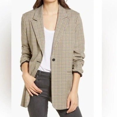 Treasure & Bond Blazer Womens Medium Tan Cream Plaid Boyfriend Single Button