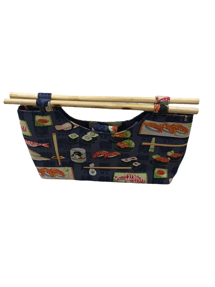 Vintage Asian/Sushi Print Fabric Bag Purse w/ Bamboo Chopstick Look Handles - Image 2 of 4