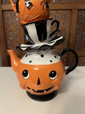 Stacked Halloween Teapot Ghost Figure 13 inch Figurine Black White Stripe NEW