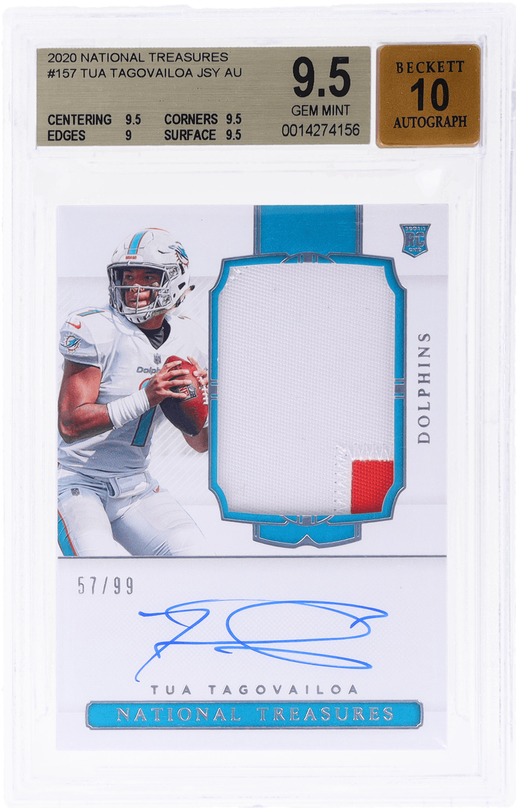 2020 National Treasures Tua Tagovailoa Rookie Patch Auto #157 /99 BGS 9.5/10 RC