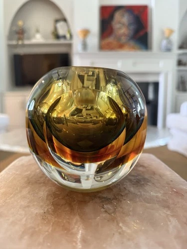 Vintage Murano Sommerso Art Glass Amber Round Candle Holder Votive Vase Faceted