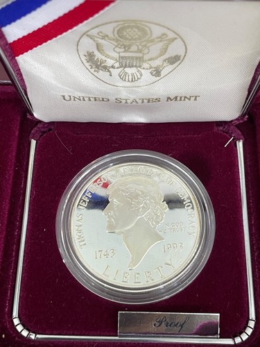 1993 Thomas Jefferson 250th Anniversary BU 90% Silver Dollar Coin Box and COA - Picture 2 of 4