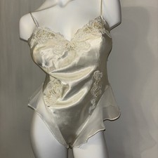 Victoria  s Secret Vintage 1999 Satin Lace Bodysuit Ivory Beaded Medium Y2K VTG