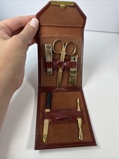 RARE Vtg Brown Leather Travel Nail Kit England Manicure Set Calf Leather