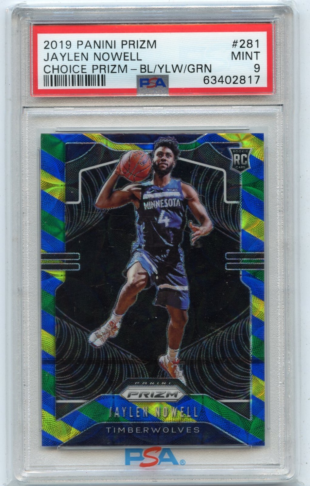 2019-20 PRIZM #281 JAYLEN NOWELL "CHOICE PRIZM - BLUE YELLOW GREEN" RC - PSA 9