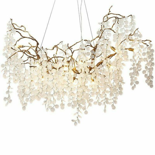 Chandelier Light Glass Copper Tree Leaves Golden Brown Lamp Body Indoor LED