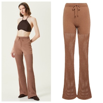 NEW Nanushka Kaela Cotton Crochet Textured Pants - Sz M Brown Flared Cover Up
