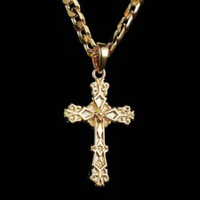 Gold Filigree Cross Pendant 22 Inch 4mm Cuban Chain