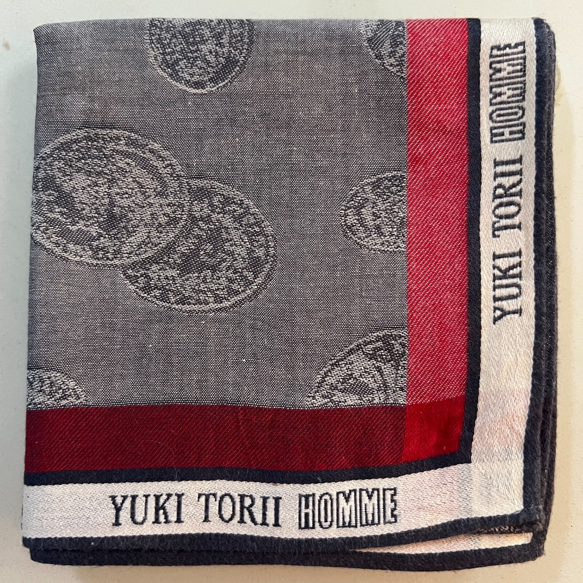 MAN JAPAN HANDKERCHIEF GRAY COINS CLASSIC COTTON VTG POCKET ART