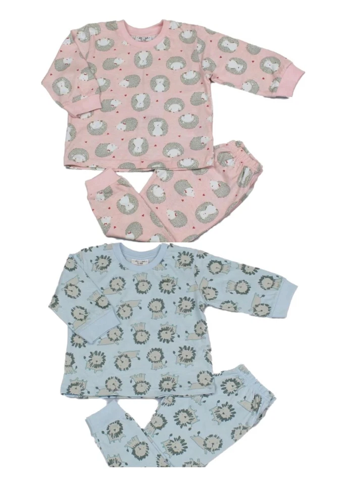 JAM JAM Baby Boys & Girls Pyjama Top & Bottoms Set Pure Cotton - Blue Lion Pink Hedgehog
