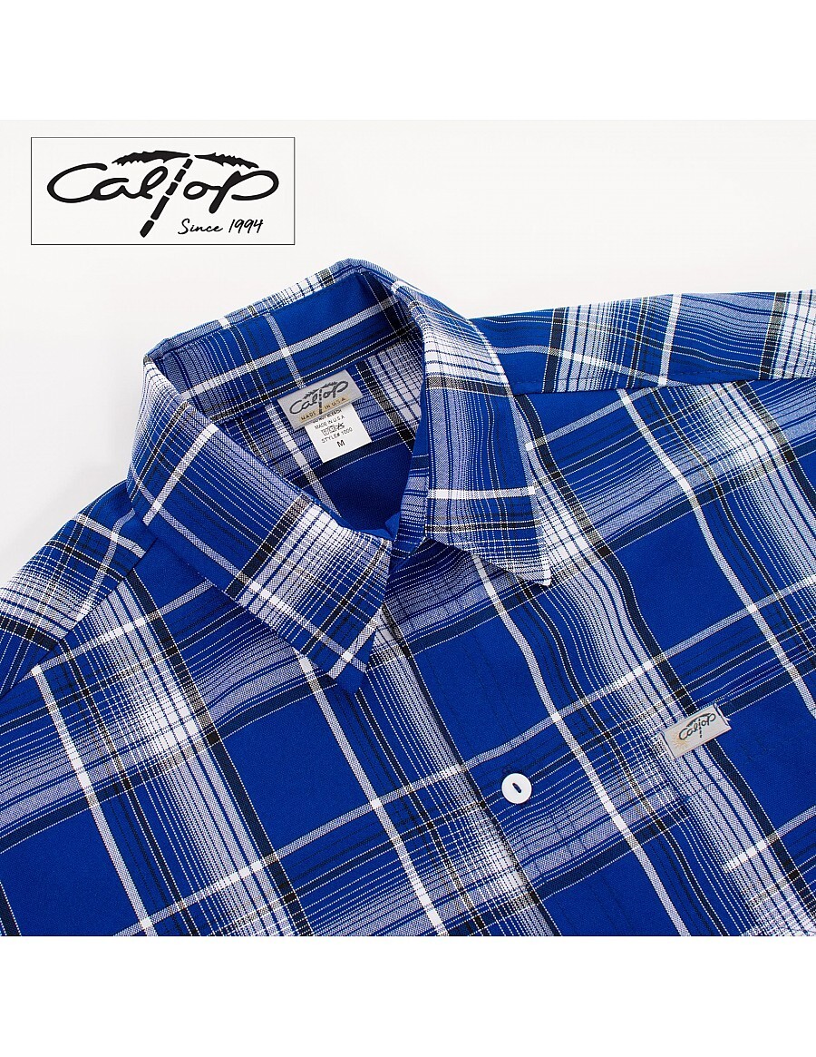 CAL TOP White Royal Blue Shirt Short SLEEVE Button Front Old