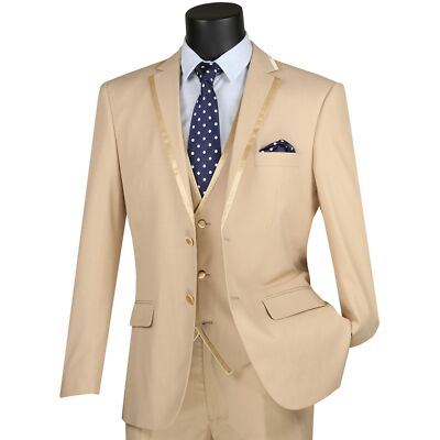 VINCI Men's Beige 3pc 2 Button Slim Fit Tuxedo Suit w/ Matching Vest NEW