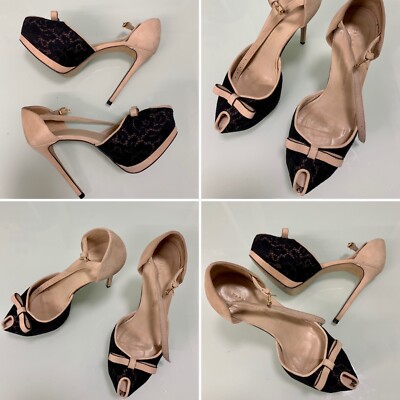 Zara Nude Echtleder Wildleder & Schwarz Spitze Schleife Peeped Toe Plateau Stilettos UK 4