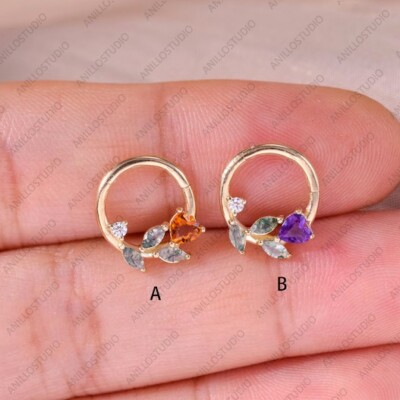14K Gold Marquise Genuine Moss Agate & Amethyst Septum Clicker Leaf Shape Hoop