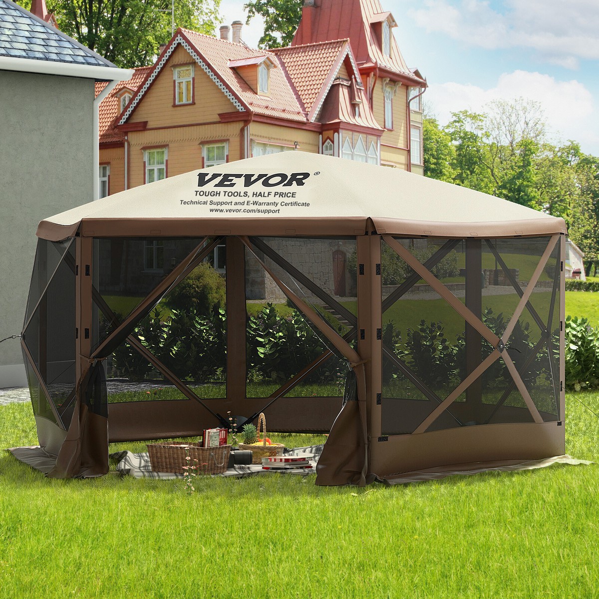 10x10 Ft Pop-Up Camping Gazebo With Screened Walls - Hexagon Sun Shade, Waterproof