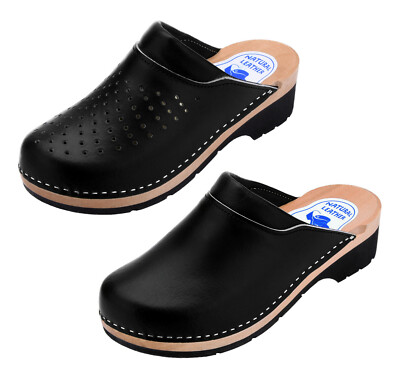 Exklusive Schweden Leder Holz Clogs Holzschuhe Sommer Sandalen schwarz Gr.35-42