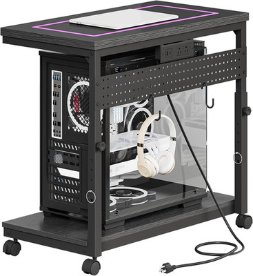 Adjustable 31.5'' PC Tower Stand with Power Outlet & LED, Rolling Cart, Black