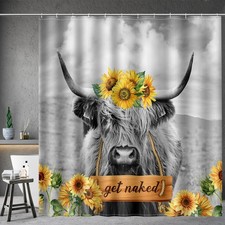 Highland Cow Shower Curtain - Farmhouse Sunflower Rustic Western Country Nake...