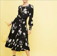 Talbots Dress Size 16 P Black Daisy Fit & Flare Midi Dress White Daisies NW