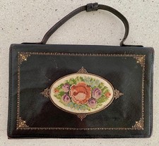 Vtg 1950s Black Leather Needlepoint Handbag Gold Tooled Floral Tapestry Purse