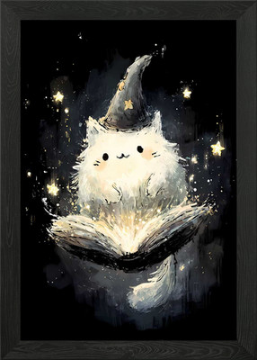 Gerahmtes Wandbild Poster Leinwanddruck Bild Zauberer Katze liest einen leuchtenden Zauber