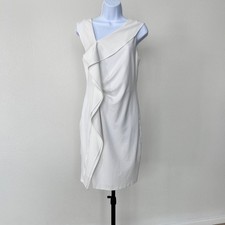 Halston Ruffle Sheath Dress Asymmetrical Neckline Side Pleated in ivory sz 8 EUC