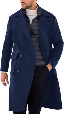 Mens Double Breasted Trench Coat Slim Fit Lapel Collar Long Winter Overcoat