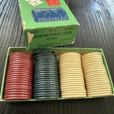 93 Anchor Bakelite Poker Chips Plain 1-1/2  Vintage Tan Red Blue With Box
