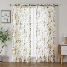 Crushed Semi Sheer Curtains 72 Inch Length 2 Panels Set, Printing Floral Pattern