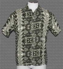 VTG Hilo Hattie Green Barkcloth Polynesian Tribal One-Pocket S/S Shirt Men's L