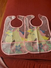 Two Soft Plastic Baby Bibs Waterproof for Baby Toddler Unicorn Girls See Pics