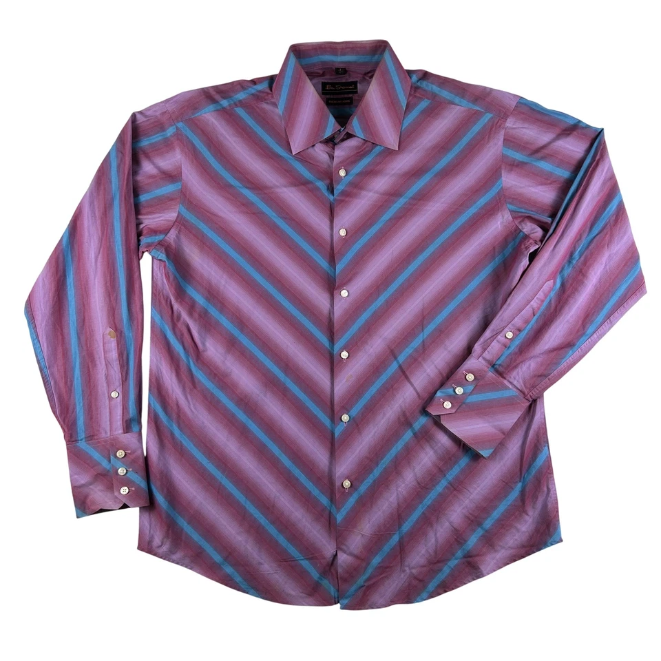 Ben Sherman Dress Shirt Mens Large Pink Stripe Regular Fit Cotton Long Sleeve - Image 1 of 4