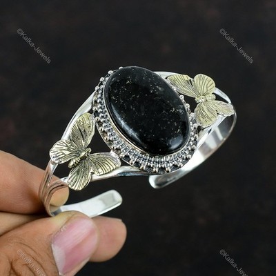 Nuummite 925 Sterling Silver Butterfly Bangle Adjustable 18K Gold Plated Bangle