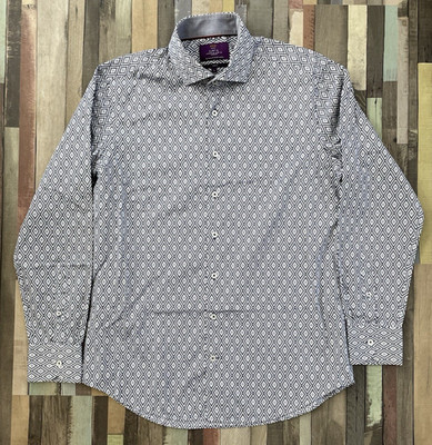 Hawes & Curtis Herren Hemd Slim Fit Large Geometrisch Navy Weiß Langarm Baumwolle