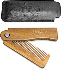 Folding Beard Comb w/Carrying Pouch for Men - All Natural Wooden Beard Comb w/